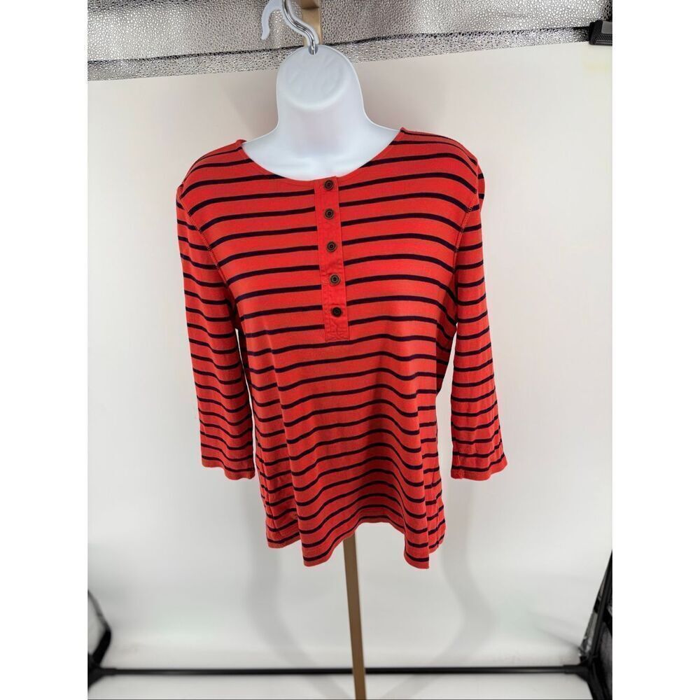 Lauren Ralph Lauren Orange Black Stripe 3/4 Sleeve Henley Shirt Size XL